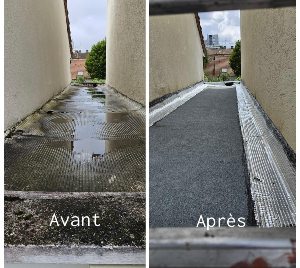 Chéneau zinc avant et après réfection d'étanchéité à Bobigny