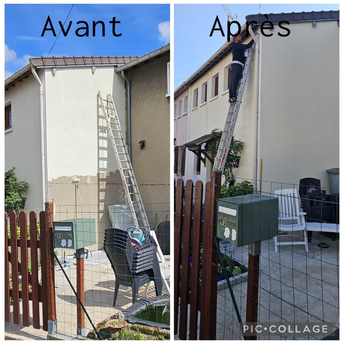 Gouttière et descente zinc avant et après remplacement sur pavillon à Rosny-sous-Bois